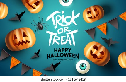 Spooky happy halloween event mockup design background. including bats, party bunting, and grinning jack o lantern pumpkins. Vector illustration.