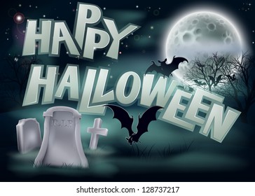 A spooky Happy Halloween graveyard background illustration with bat and a full moon
