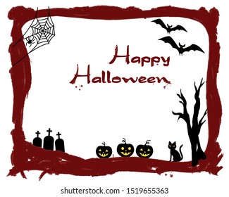 Spooky Happy Halloween greeting card for party invitation. Vector silhouettes of bats, cat, pumpkin, graves, spider web and dead tree in red bloody frame on white background