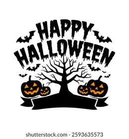 Spooky Happy Halloween Illustration with Pumpkins and Bats.