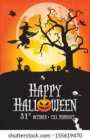 A spooky Happy halloween poster with flying witch  and a full moon in the background.