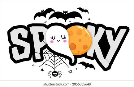 Spooky - Happy halloween quote on white background with a cute hanging spider, candy corn and yellow full moon.  Good for t-shirt, mug, banner, gift, printing press. Holiday quote, Sales promotion.