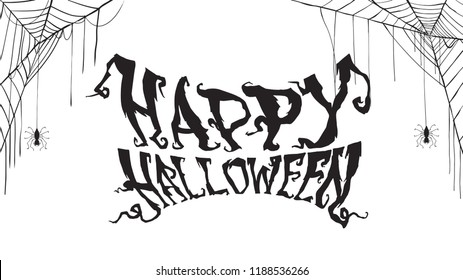 Spooky happy halloween text with spider web isolated on white background. scary, haunted and creepy hand lettering for party invitation, greeting card, banner