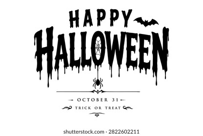 Spooky Happy Halloween typography featuring dripping horror lettering, bat silhouette, spider icon, and October 31 theme. Perfect for party invitations, posters, greeting cards, and seasonal promotions.