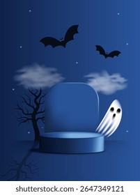 Spooky Happy Halloween vertical template with ghosts, bats, empty podium and night background. Background for product or message. Vector illustration flat style, dark blue black colors, copy space