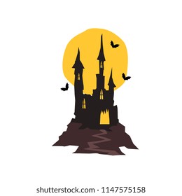 Spooky haunted castle with bats and full moon vector Illustration on a white background