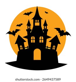 Spooky haunted castle with full moon and bats, haunted house with bats flying in the moonlight vector illustration.