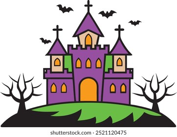 Castelo assombrado assustador de Halloween na arte da linha do cemitério