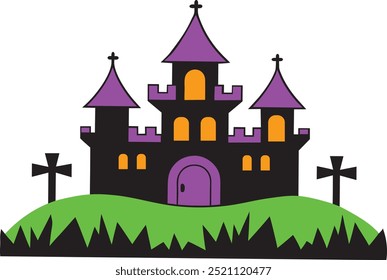 Castelo assombrado assustador de Halloween na arte da linha do cemitério