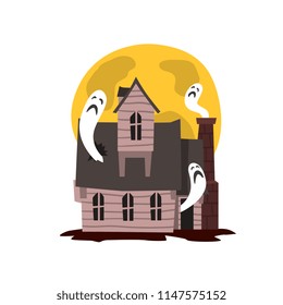 Spooky haunted castle, scary Halloween mansion vector Illustration on a white background