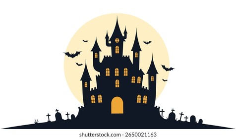 Spooky haunted castle silhouette against a large full moon with flying bats and gravestones on a hillside