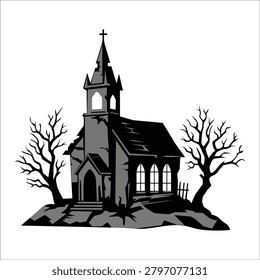 spooky haunted church with bare trees halloween illustration