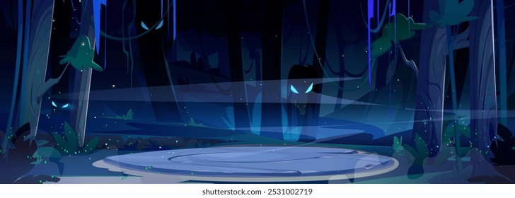 Spooky haunted forest night landscape with round stone platform and fog, Wood trunks and scary ghost faces with glow eyes. Mystery gothic nightmare game ui battle arena. Fantasy creepy misty woodland.