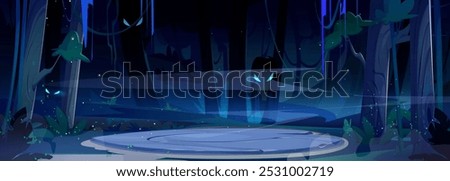 Spooky haunted forest night landscape with round stone platform and fog, Wood trunks and scary ghost faces with glow eyes. Mystery gothic nightmare game ui battle arena. Fantasy creepy misty woodland.