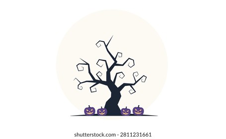 Spooky haunted forest tree with crooked branches silhouette set against a large pale moon background with evil purple jack o lantern faces at base.