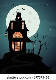 Spooky haunted ghost house with full moon and bats. Vector illustration