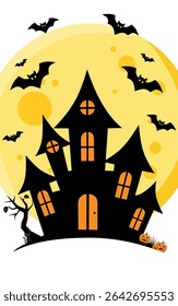 Spooky Haunted House with Bats and Pumpkins under Full Moon – Flat Halloween Night Vector Illustration