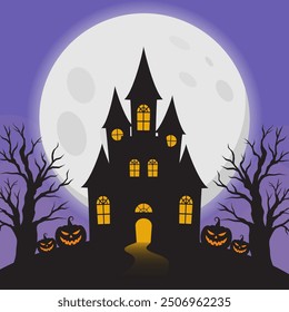 Espeluznante casa encantada con luna llena en el fondo con la silueta de la calabaza y del árbol de miedo. Ilustración vectorial de Halloween para cartel, volante, tarjeta de felicitación y redes sociales.