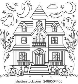 Spooky haunted house with ghosts flying around outline coloring page. Happy Halloween colouring book