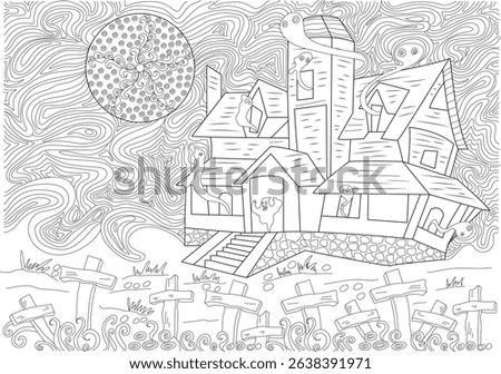 Spooky Haunted House with Ghosts Line Art, Detailed black and white line art illustration featuring a mysterious haunted house on a hill, surrounded by gravestones and flying ghosts under a