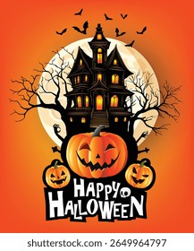 Casa assustadora assombrada com janelas brilhantes, jack-o'-lanternas, morcegos e lua cheia em um fundo laranja de noite de Halloween.