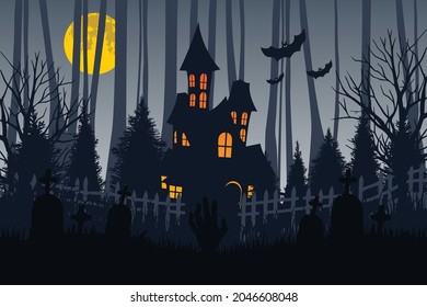 Spooky haunted house grave yard zombie vector cartoon illustration flat design
