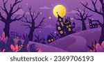 Spooky Haunted House Halloween Night Scene With Full Moon in Background Vector, Banner, Illustration