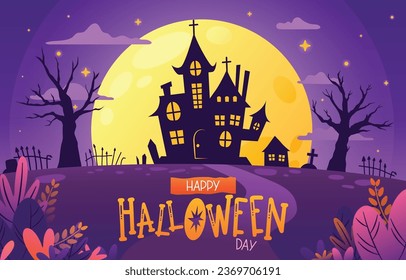 Spooky Haunted House Halloween Night Scene With Full Moon in Background Vector, Banner, Illustration