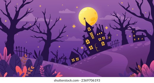 Spooky Haunted House Halloween Night Scene With Full Moon in Background Vector, Banner, Illustration