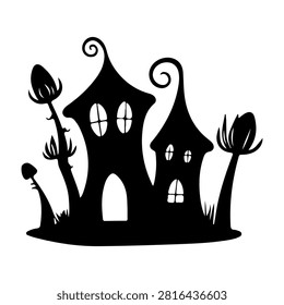 A spooky haunted house illustration featuring tall grass, curved windows, and whimsical architecture for Halloween or horror themes.