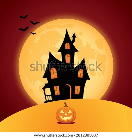 Spooky Haunted House with Jack O Lantern, Full Moon and Flying Bats on Halloween Night