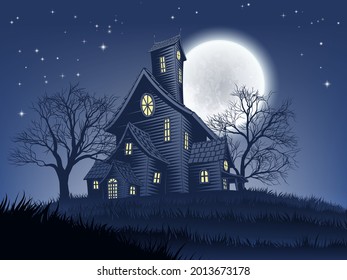  A spooky haunted house mansion Halloween background with a full moon