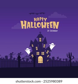 Spooky Haunted House on Halloween Night with Ghosts