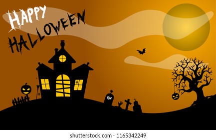 Spooky haunted house on Happy Halloween