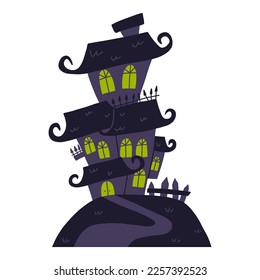 Spooky haunted house on hill, cartoon flat vector illustration isolated on white background. Mysterious building with ghosts, traditional Halloween element.