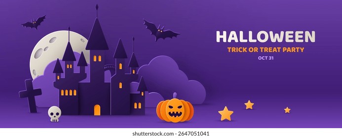 Spooky Haunted House Paper cut poster. Vector illustration. Happy Halloween Scene, Full Moon, Bats. Place for text. Banner party invitation background, night clouds, scary castle and pumpkin lantern