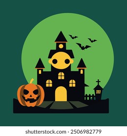 Spooky Haunted House with Pumpkin and Flying Bats - Halloween Night Illustration.