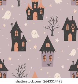 Spooky haunted house seamless vector pattern with ghosts, stars, and bare trees in Halloween palette