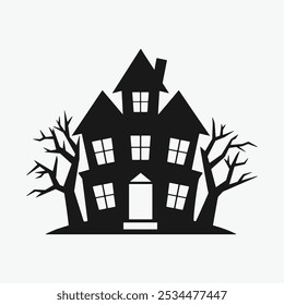 Spooky Haunted House Silhouette with Witch’s Broom
