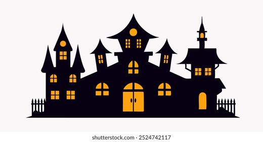 Silhueta de casa assustadora assombrada com janelas brilhantes perfeito para temas de Halloween e decorações assustadoras.