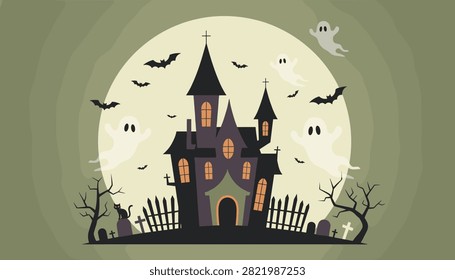 Spooky haunted house with tower spires on Halloween night with full moon, ghosts, bats, and cemetery graves.