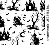 Spooky Haunted Houses and Bats Seamless Pattern. Halloween Silhouettes of Haunted Houses and Trees