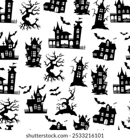 Spooky Haunted Houses and Bats Seamless Pattern. Halloween Silhouettes of Haunted Houses and Trees