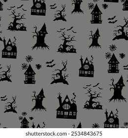 Spooky Haunted Houses and Bats Seamless Pattern. Halloween Silhouettes of Haunted Houses and Trees