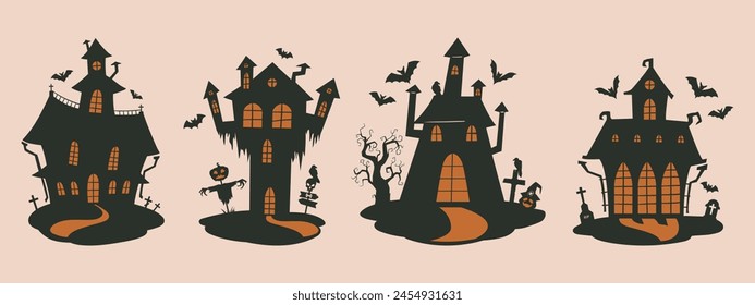 Spooky haunted houses. Halloween ghost houses silhouettes, creepy monsters haunted houses flat vector illustration set. House with ghosts silhouettes