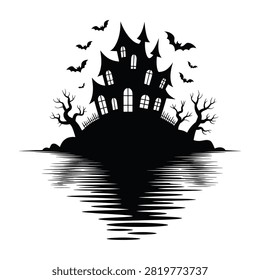 Spooky haunted mansion, bats flying, eerie atmosphere, gothic architecture, dark night, creepy trees, water reflection, Halloween, supernatural.