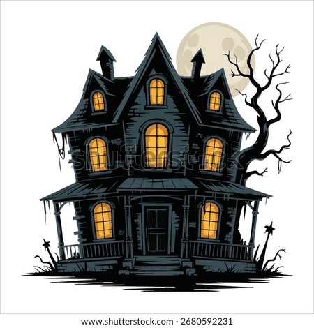 spooky haunted mansion with glowing windows vector Halloween art illustration on white background