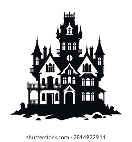 A spooky haunted mansion with gothic architecture and turrets on a hill at night