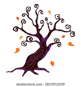 Spooky haunted tree with twisted branches, cobweb, autumn leaves and eerie Halloween atmosphere. Creepy forest illustration for stickers, decorations, invitations and seasonal designs.