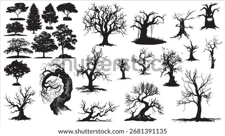 Spooky and Haunted Trees Silhouette Collection. Creepy Tree Vectors and Barren Branch Silhouettes for Horror and Halloween Designs.